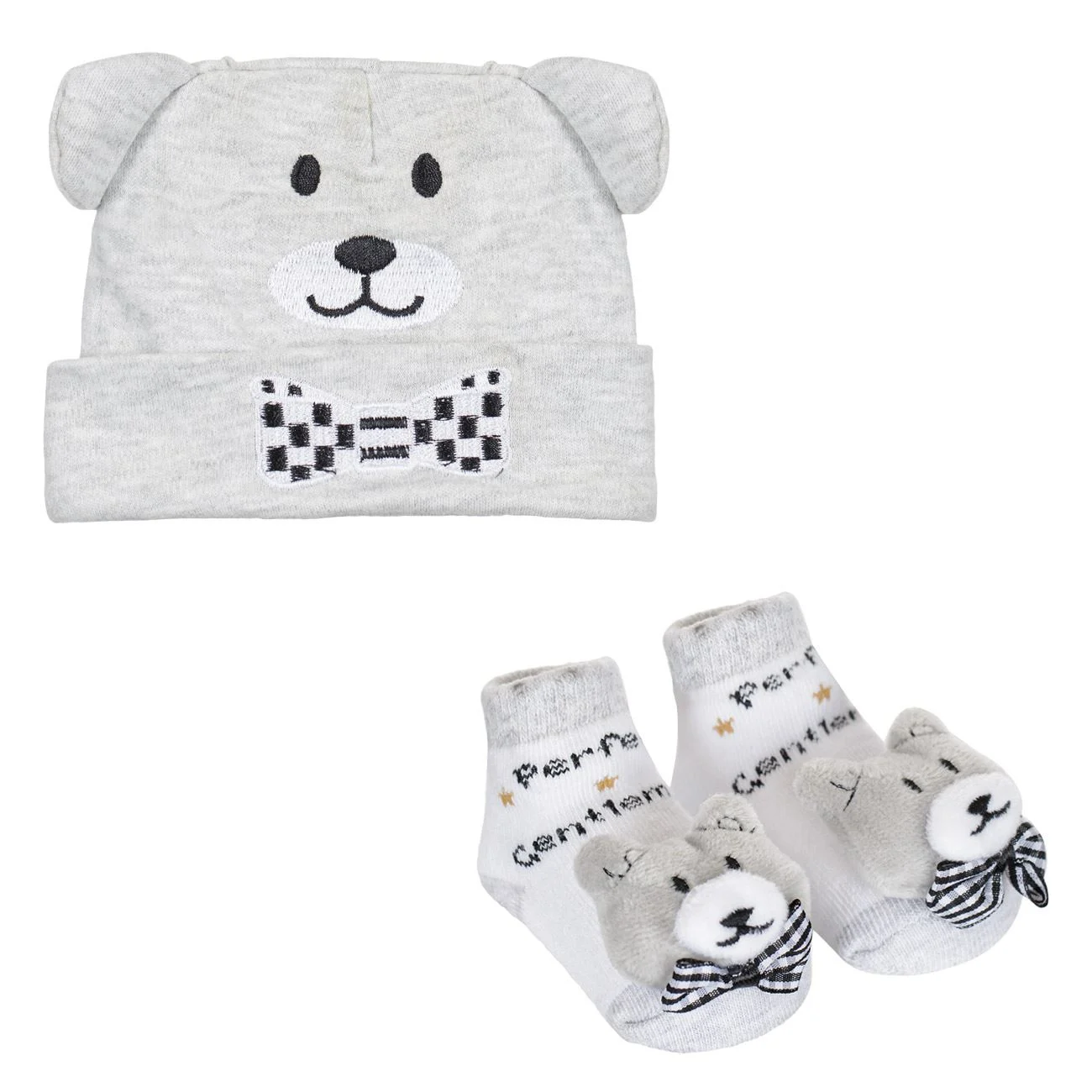 Set pentru Nou Nascut Caciula & Sosete Gri Ursulet 3D