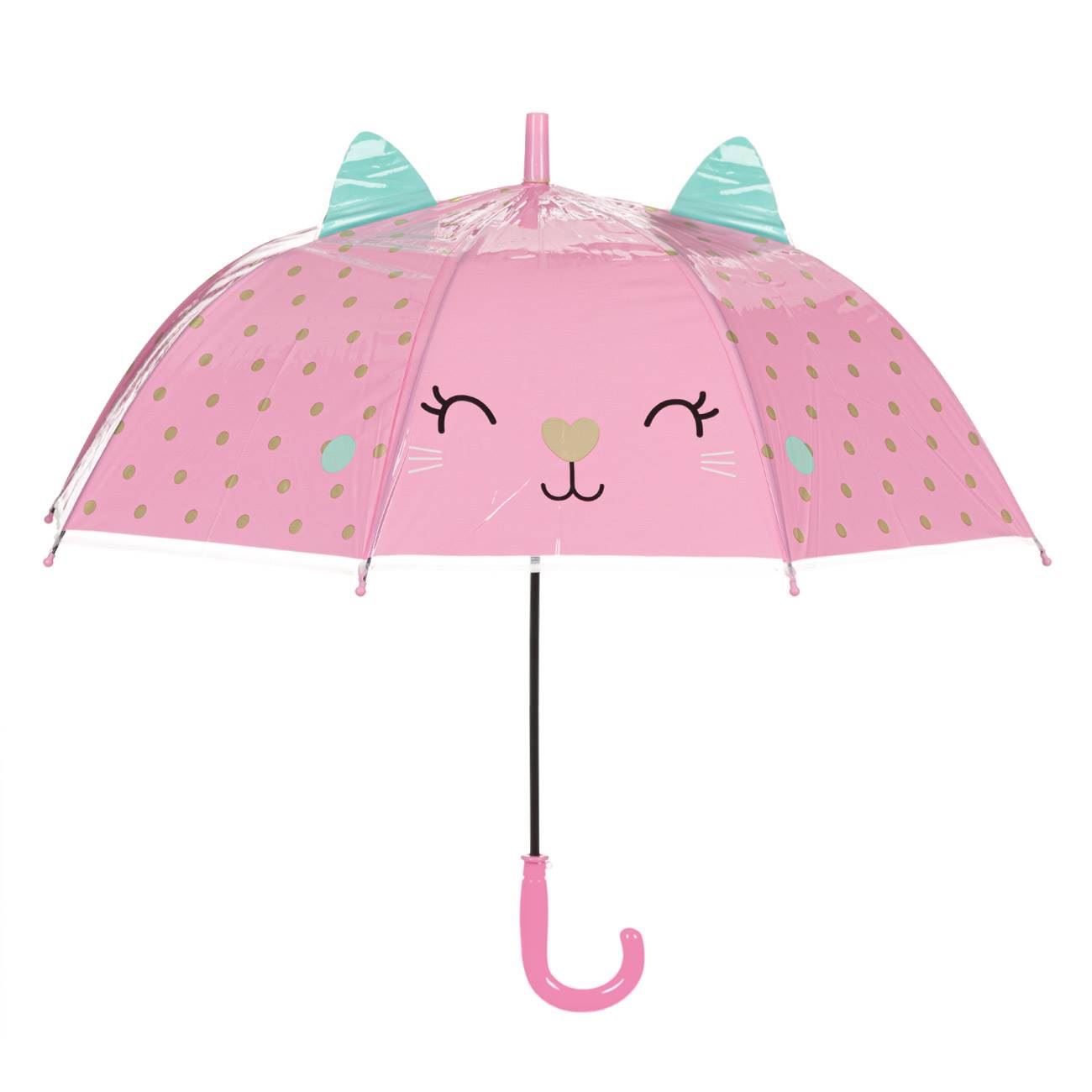 Umbrela de Ploaie Baston Roz cu Buline Aurii Pisica cu Urechi pentru Copii 66cm