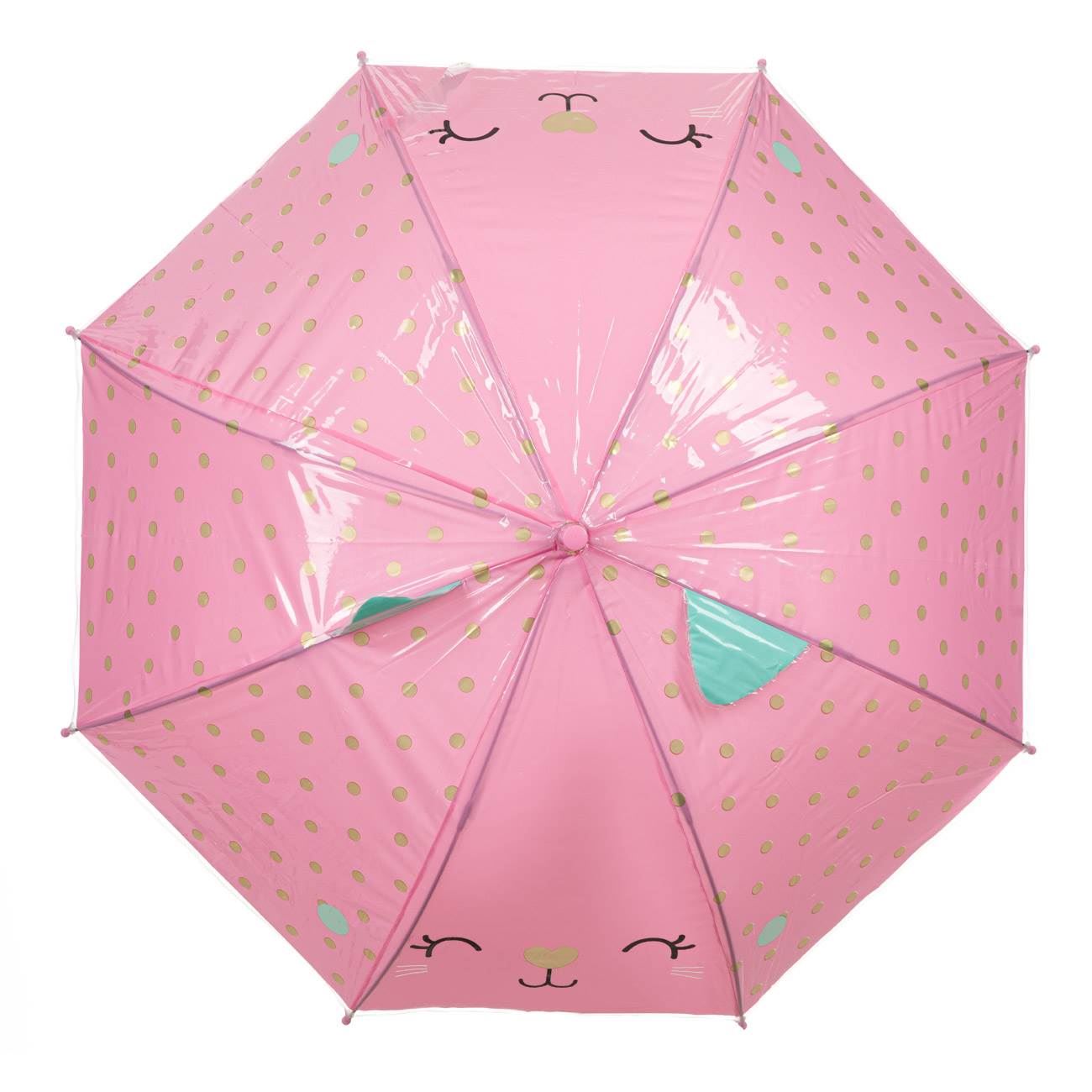 Umbrela de Ploaie Baston Roz cu Buline Aurii Pisica cu Urechi pentru Copii 66cm - poza 2