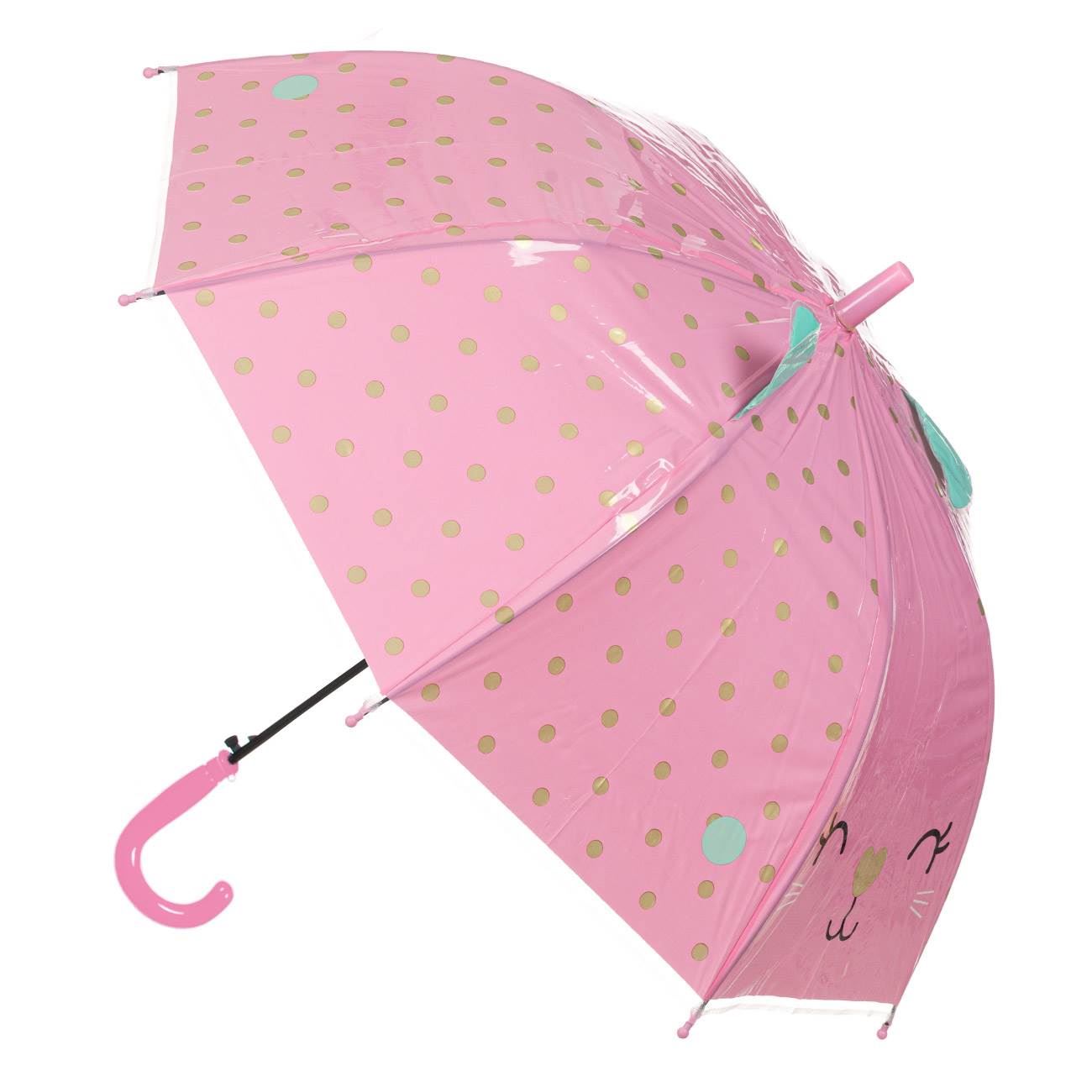 Umbrela de Ploaie Baston Roz cu Buline Aurii Pisica cu Urechi pentru Copii 66cm - poza 3