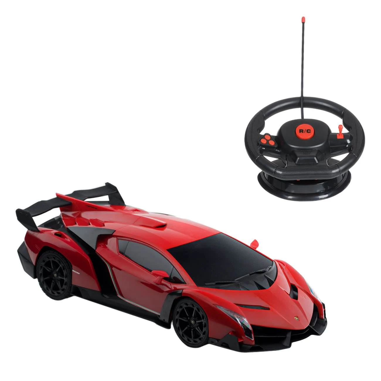 Masina Lamborgini Veneno Rosie cu Lumini & Volan Telecomanda 1:12 / 27MHz