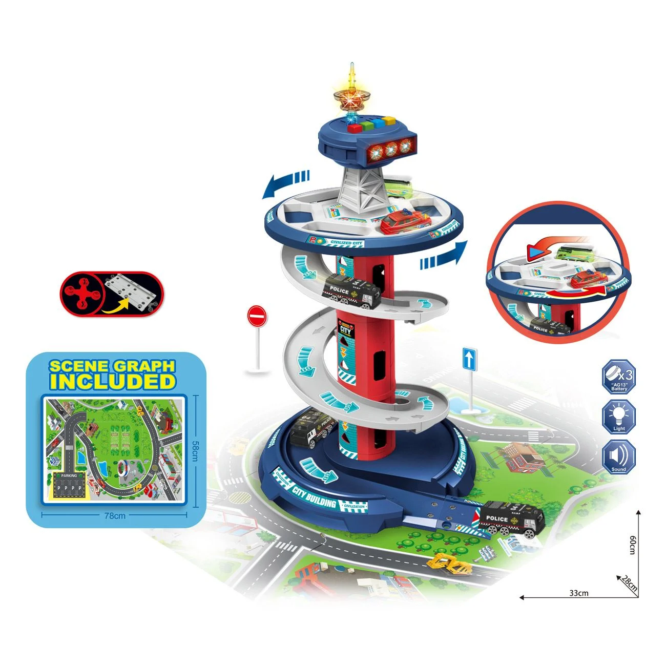 Garaj Auto Pista Circulara cu Turn de Control cu Sunet & Lumini 1:64 - 26 piese