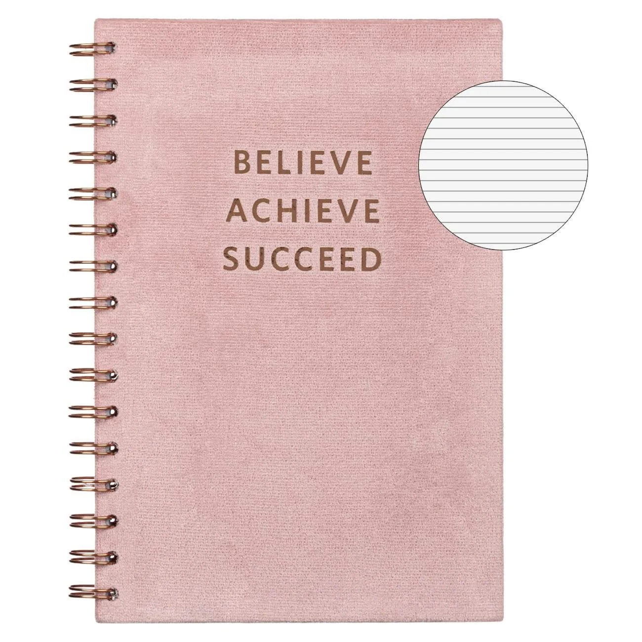 Caiet A5 Dictando Roz Catifelat Mesaj cu Folie Aurie "Believe achieve succeed" cu Spirala & 2 Subiecte - 80F