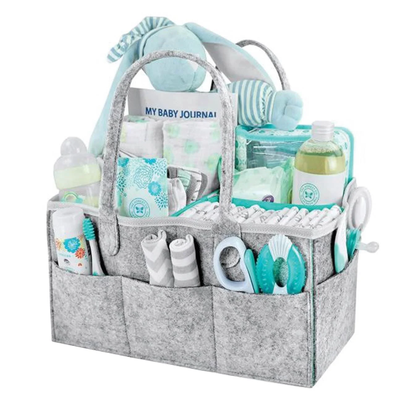 Geanta Mamica pentru Produse Cosmetice Bebe cu Buzunare & Manere din Pasla Gri 33x23x18cm