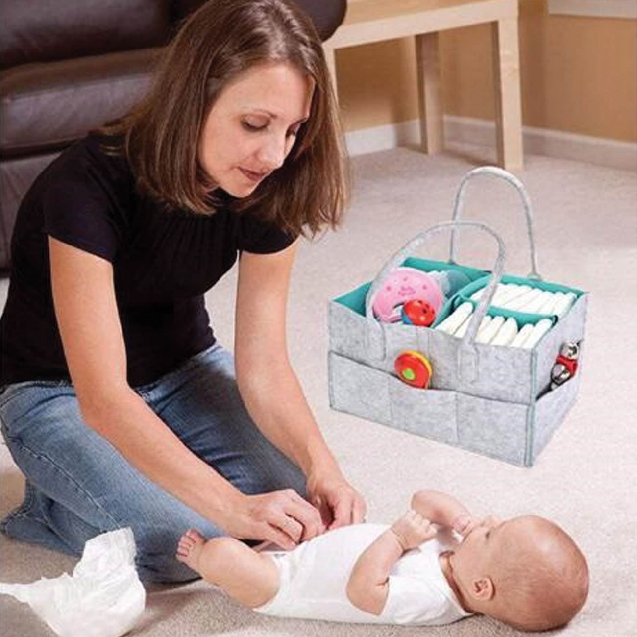 Geanta Mamica pentru Produse Cosmetice Bebe cu Buzunare & Manere din Pasla Gri 33x23x18cm - poza 2