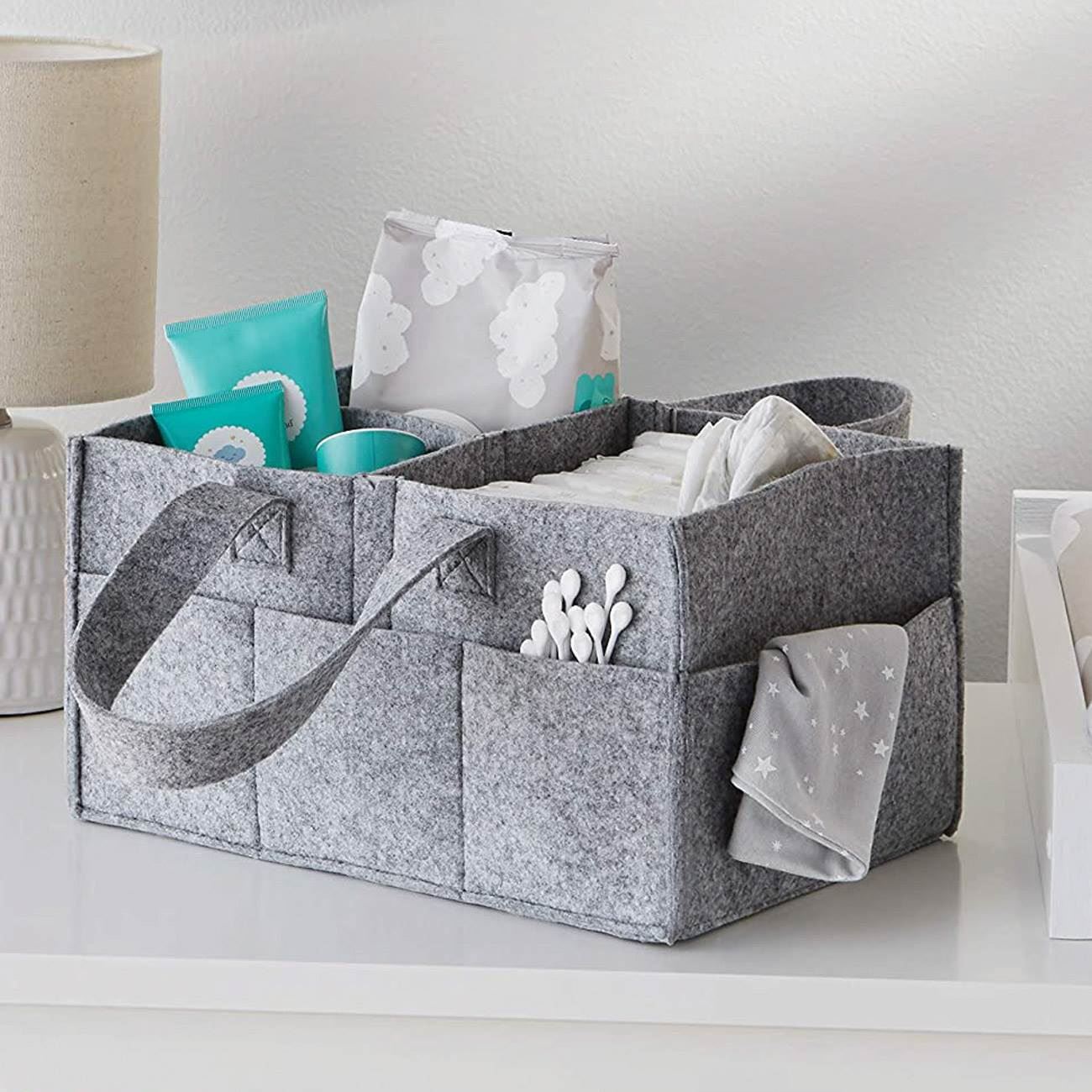 Geanta Mamica pentru Produse Cosmetice Bebe cu Buzunare & Manere din Pasla Gri 33x23x18cm - poza 3
