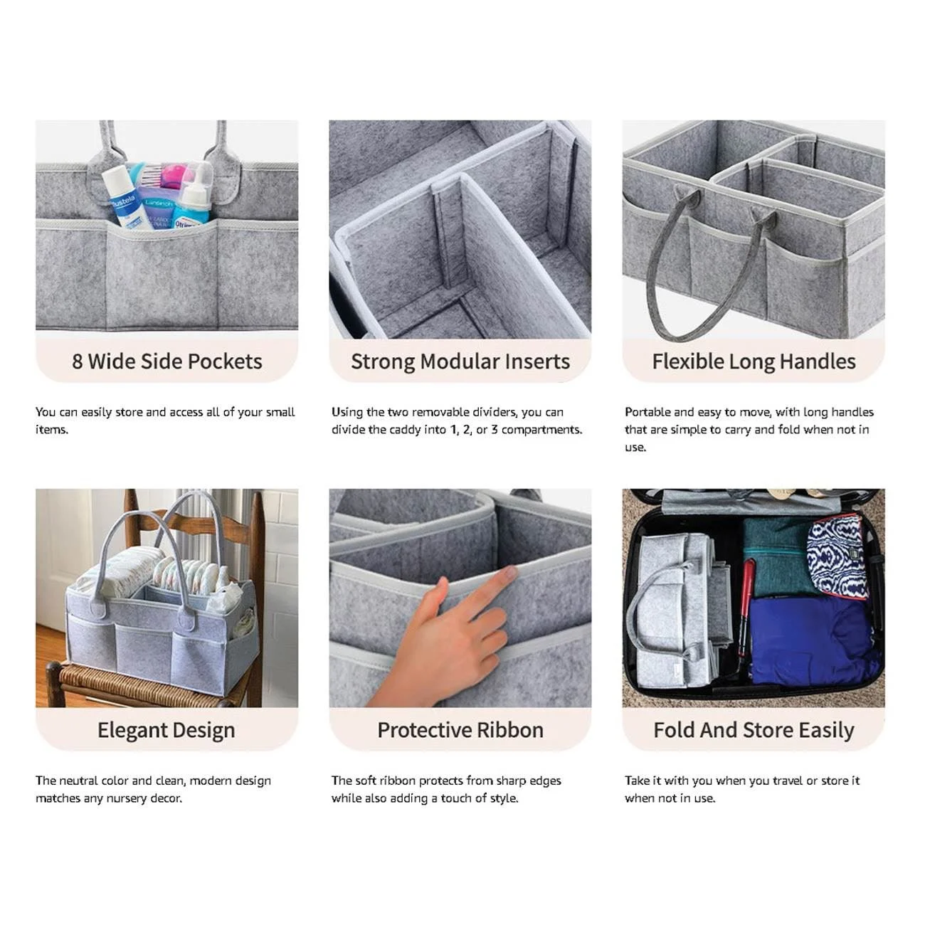 Geanta Mamica pentru Produse Cosmetice Bebe cu Buzunare & Manere din Pasla Gri 33x23x18cm - poza 4