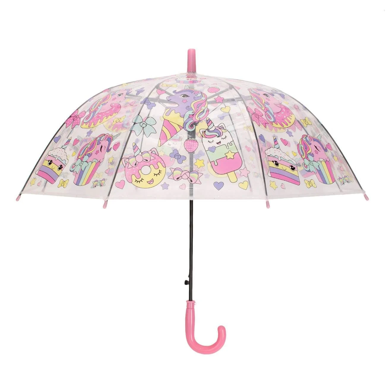 Umbrela de Ploaie Baston Automata Transparenta Unicorni Dulciuri pentru Copii 65cm - poza 2