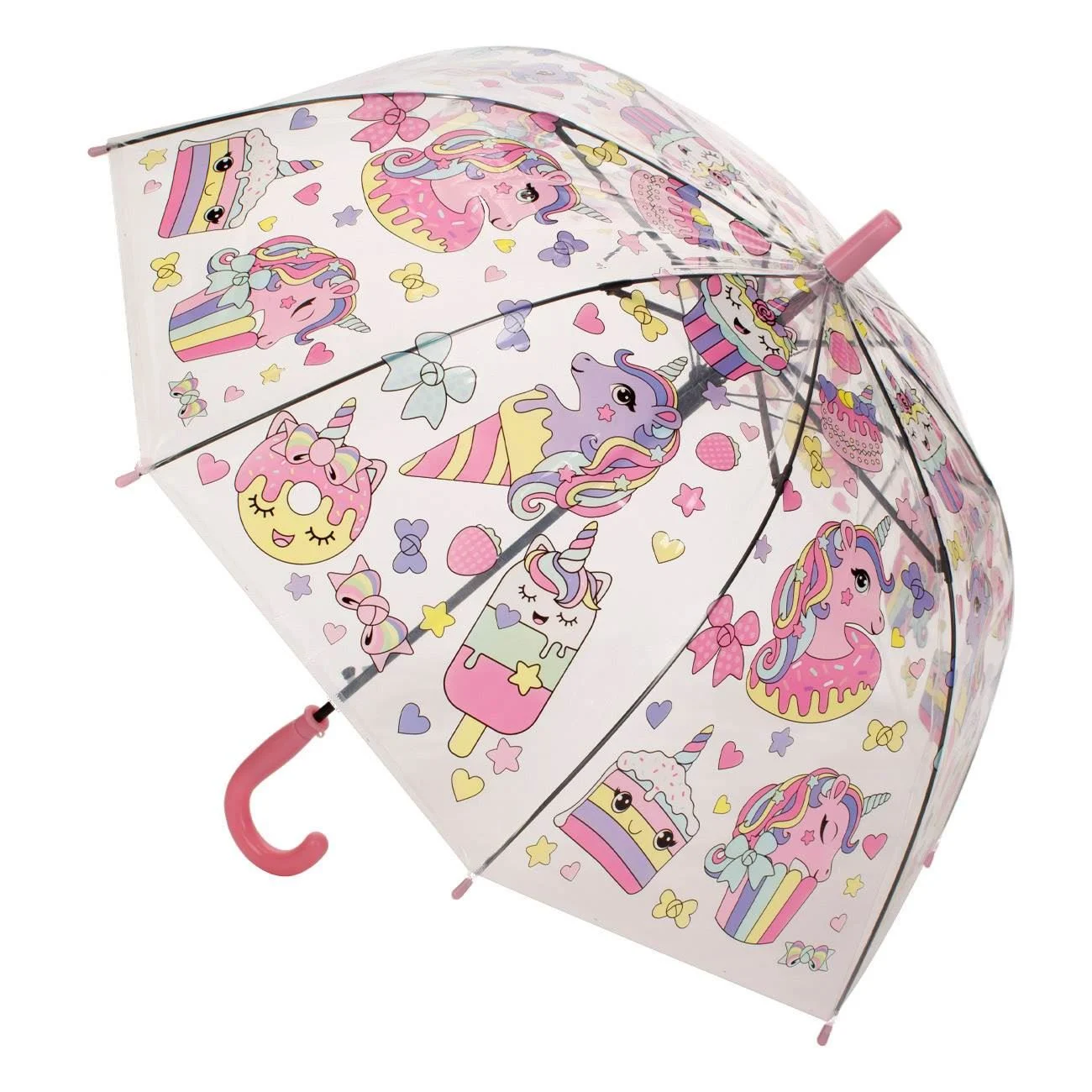 Umbrela de Ploaie Baston Automata Transparenta Unicorni Dulciuri pentru Copii 65cm - poza 3