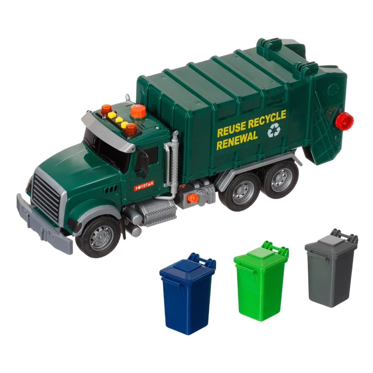 Camion Gunier Jucarie Verde cu 3 Pubele Lumina & Sunet