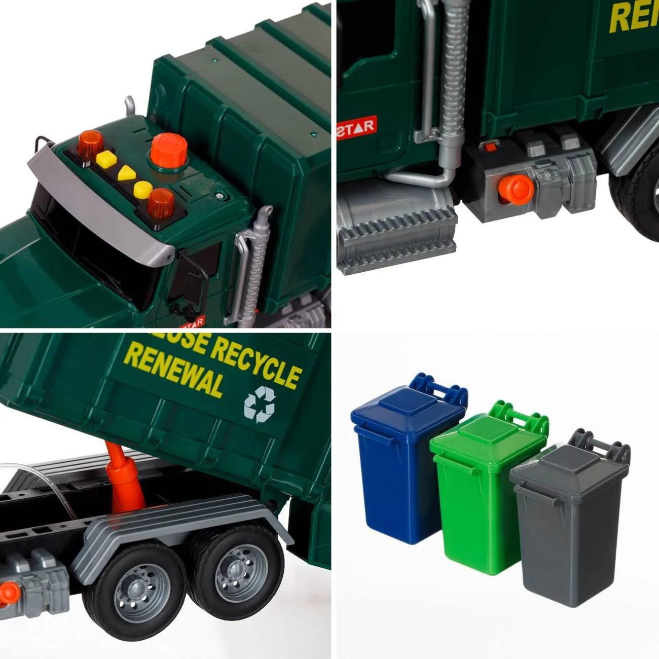 Camion Gunier Jucarie Verde cu 3 Pubele Lumina & Sunet - poza 4
