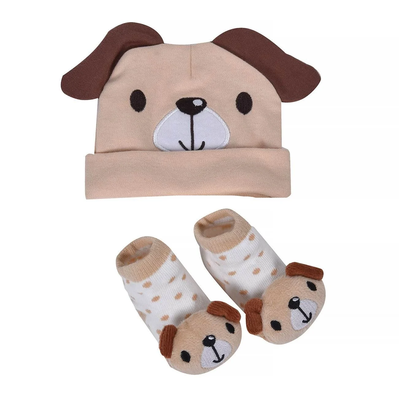 Set Nou Nascuti Caciulita & Sosete Catel 3D Bej Alb