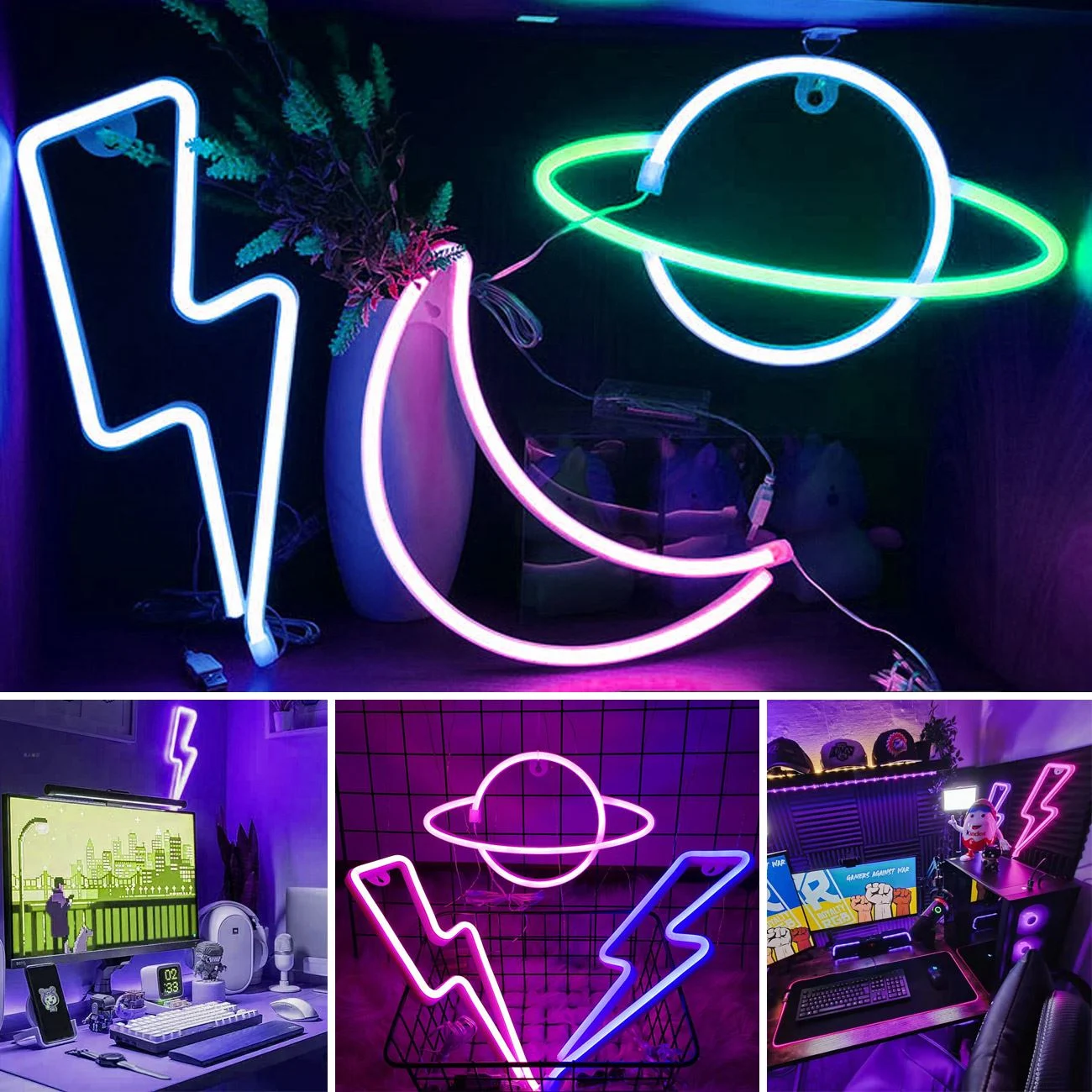 Lampa LED Neon Fulger Albastru cu USB 11.5x28cm - poza 3