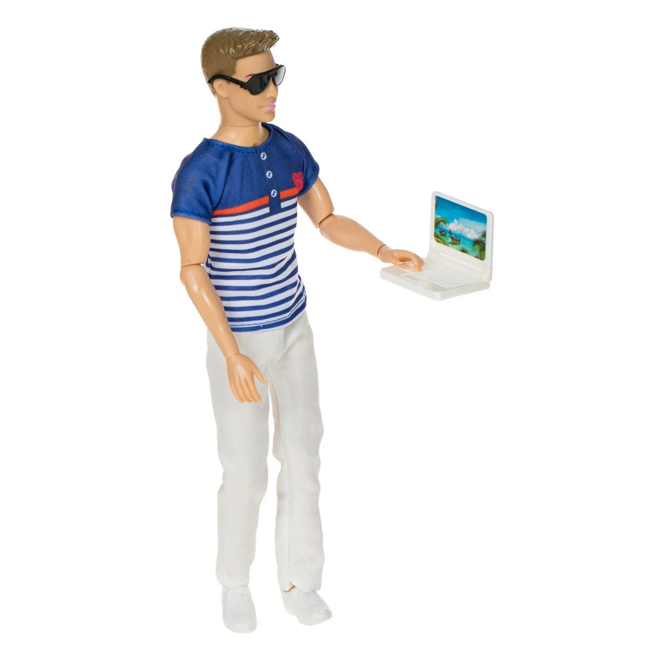 Papusa Manechin Barbat cu Laptop si Ochelari de Soare 30cm