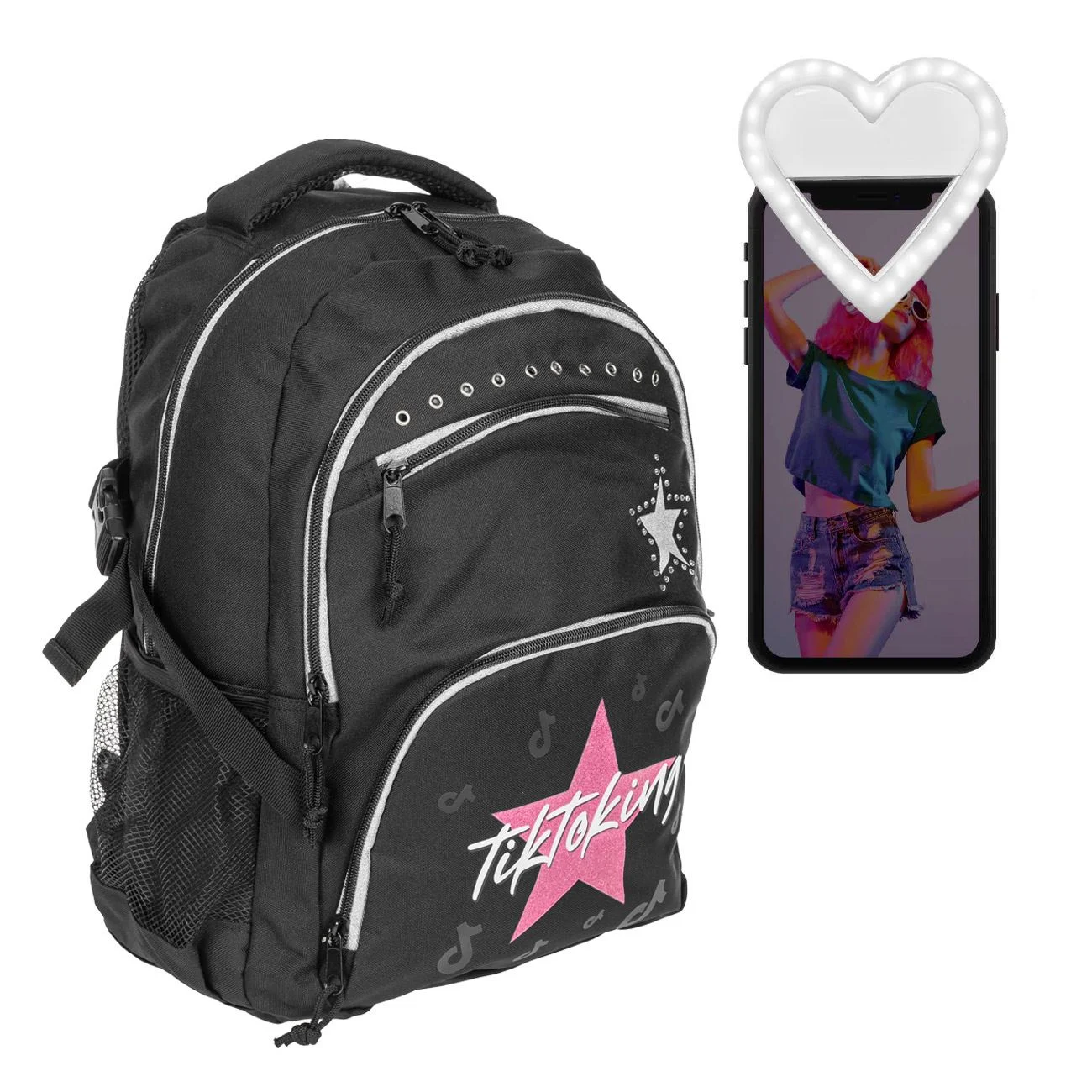 Ghiozdan Tik Tok Negru Glimmer & Cadou Selfie Light LED - Unkeeper