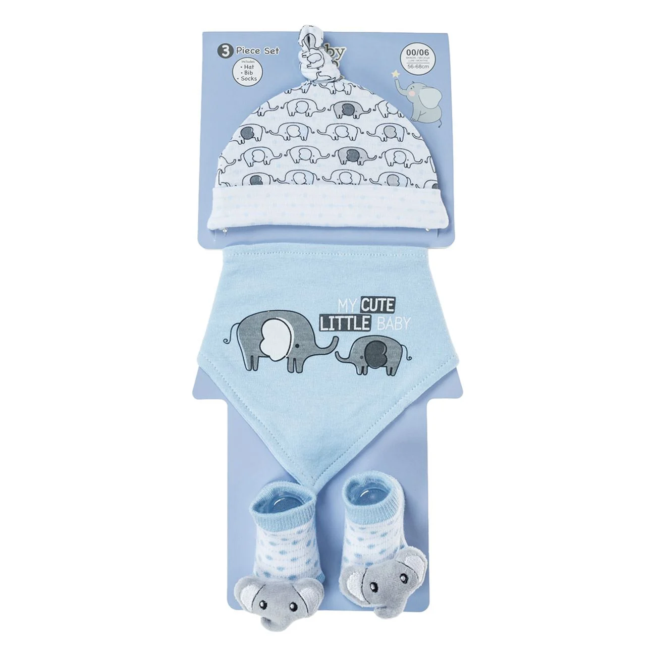 Set Caciulita Baveta & Sosete cu Model 3D Elefant Ciel Alb
