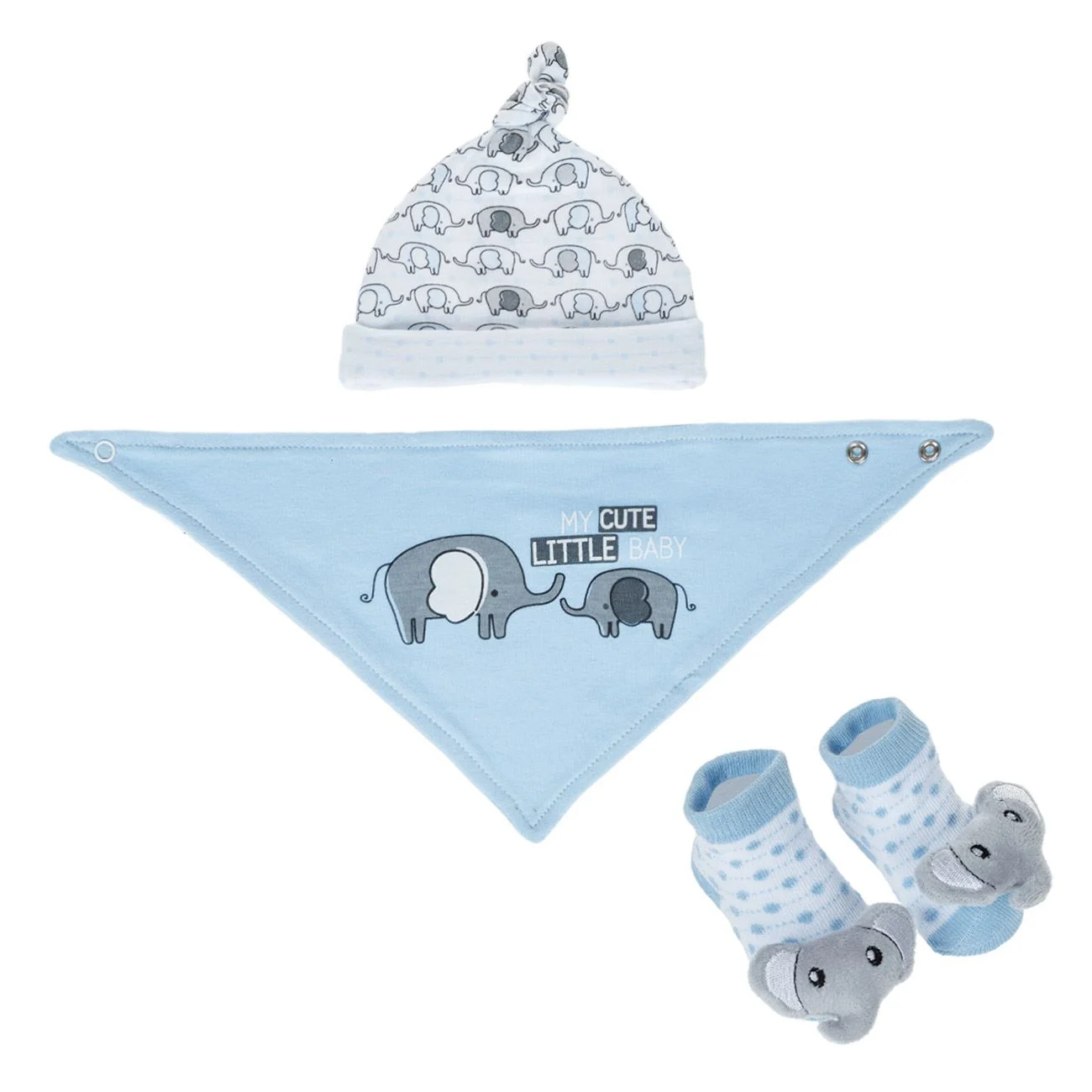 Set Caciulita Baveta & Sosete cu Model 3D Elefant Ciel Alb - poza 2