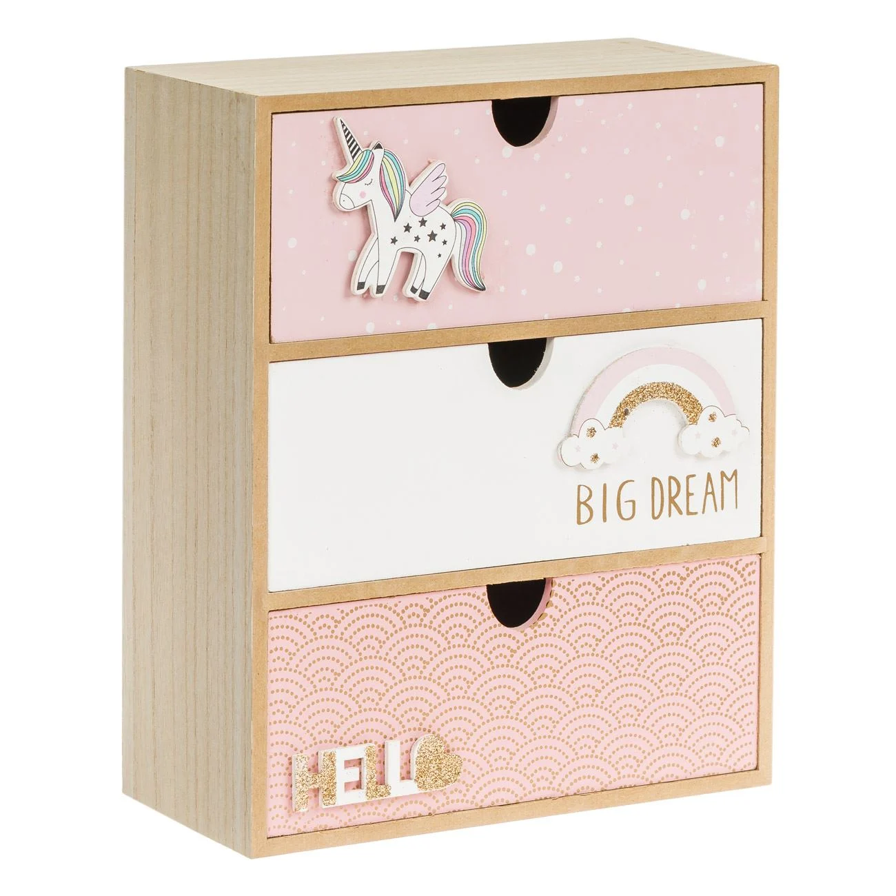 Cutie Decorativa cu 3 Sertare din Lemn 3D Rainbow & Unicorn 21x10x27cm
