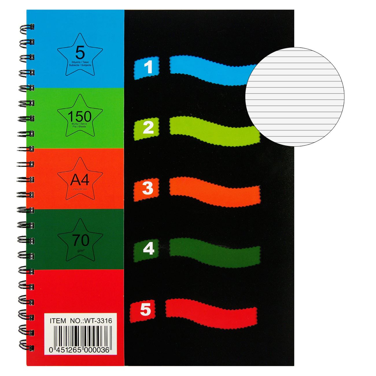 Caiet A4 Negru cu Spirala & 5 Subiecte - 140P