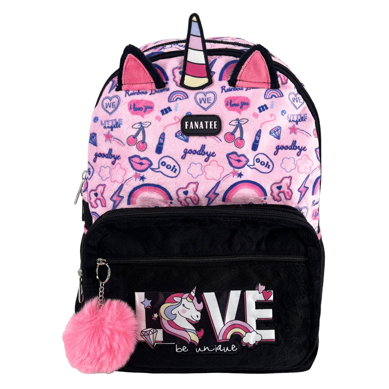 Ghiozdan Negru Roz din Blana Unicorn "LOVE" & Pompon Roz - Fanatee