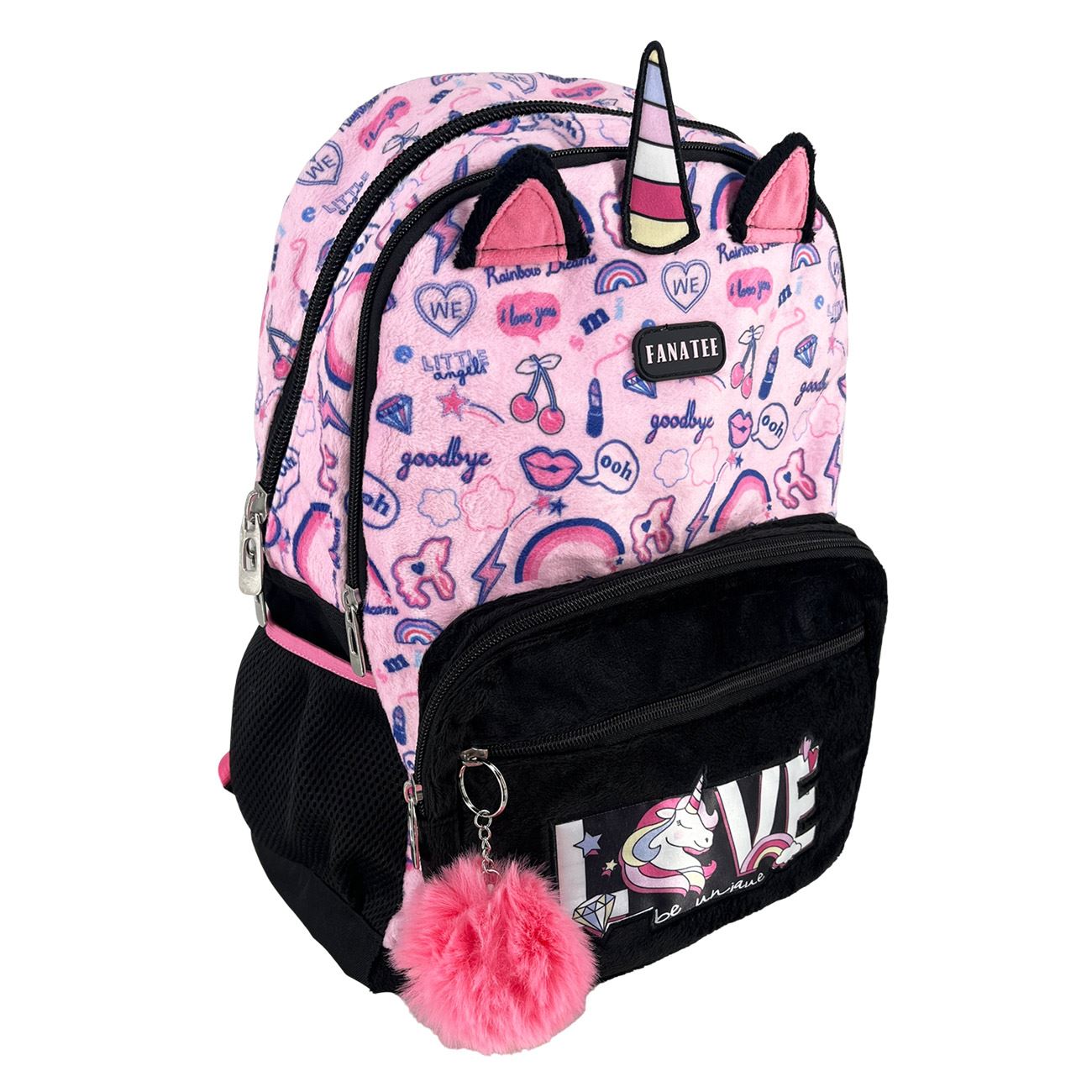 Ghiozdan Negru Roz din Blana Unicorn "LOVE" & Pompon Roz - Fanatee - poza 2