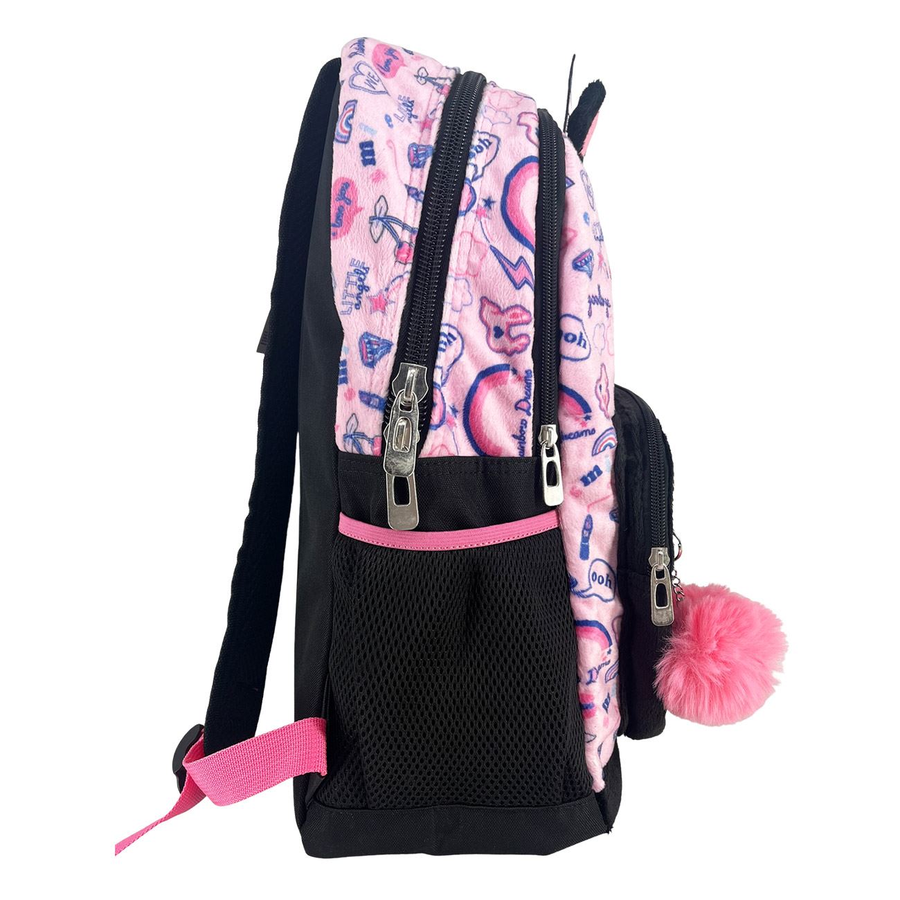 Ghiozdan Negru Roz din Blana Unicorn "LOVE" & Pompon Roz - Fanatee - poza 3
