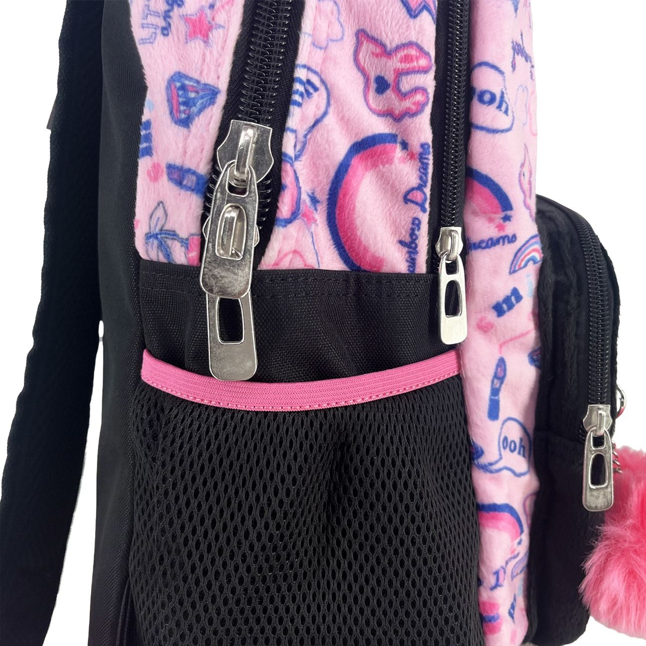 Ghiozdan Negru Roz din Blana Unicorn "LOVE" & Pompon Roz - Fanatee - poza 4