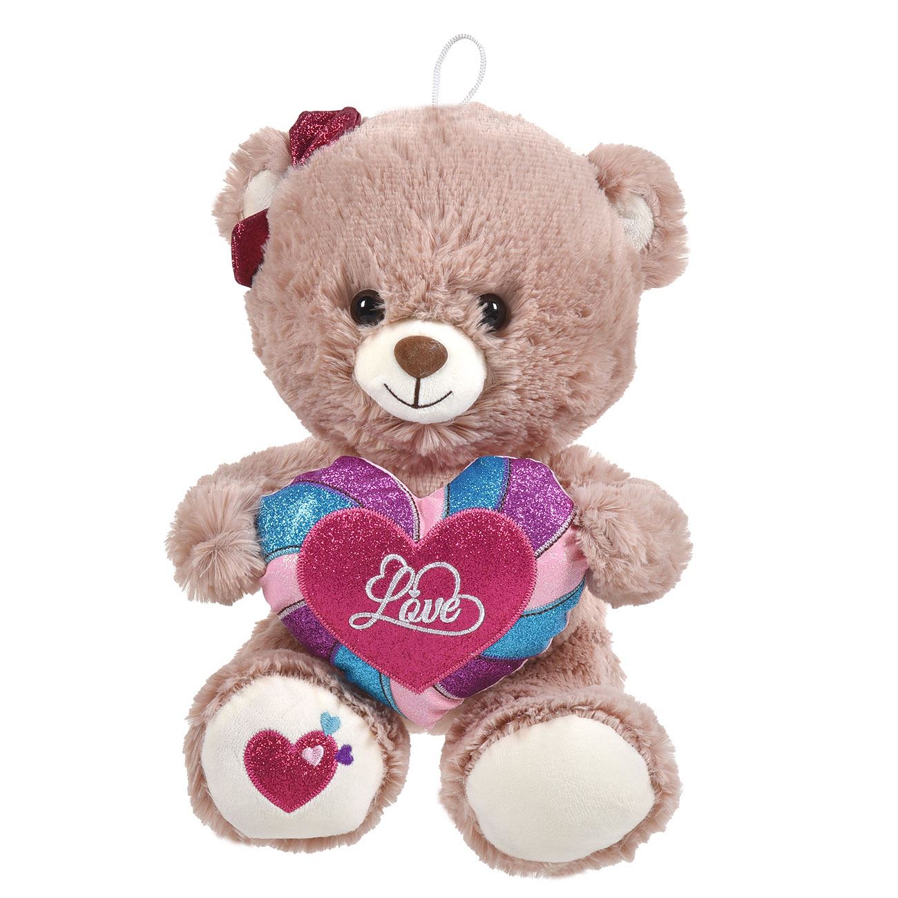 Ursulet de Plus Bej cu Inima Colorata Glitter Rainbow 30cm