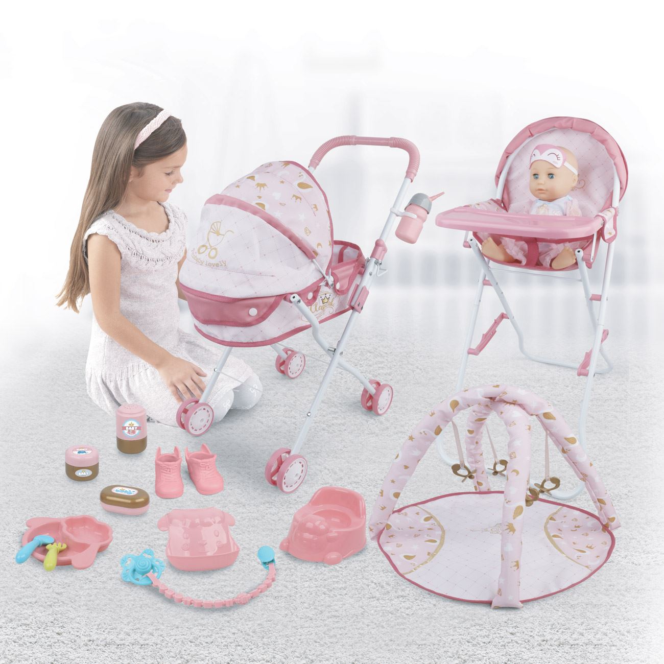 Papusa Bebelus cu Carut Scaun de Masa & Accesorii cu Sunete