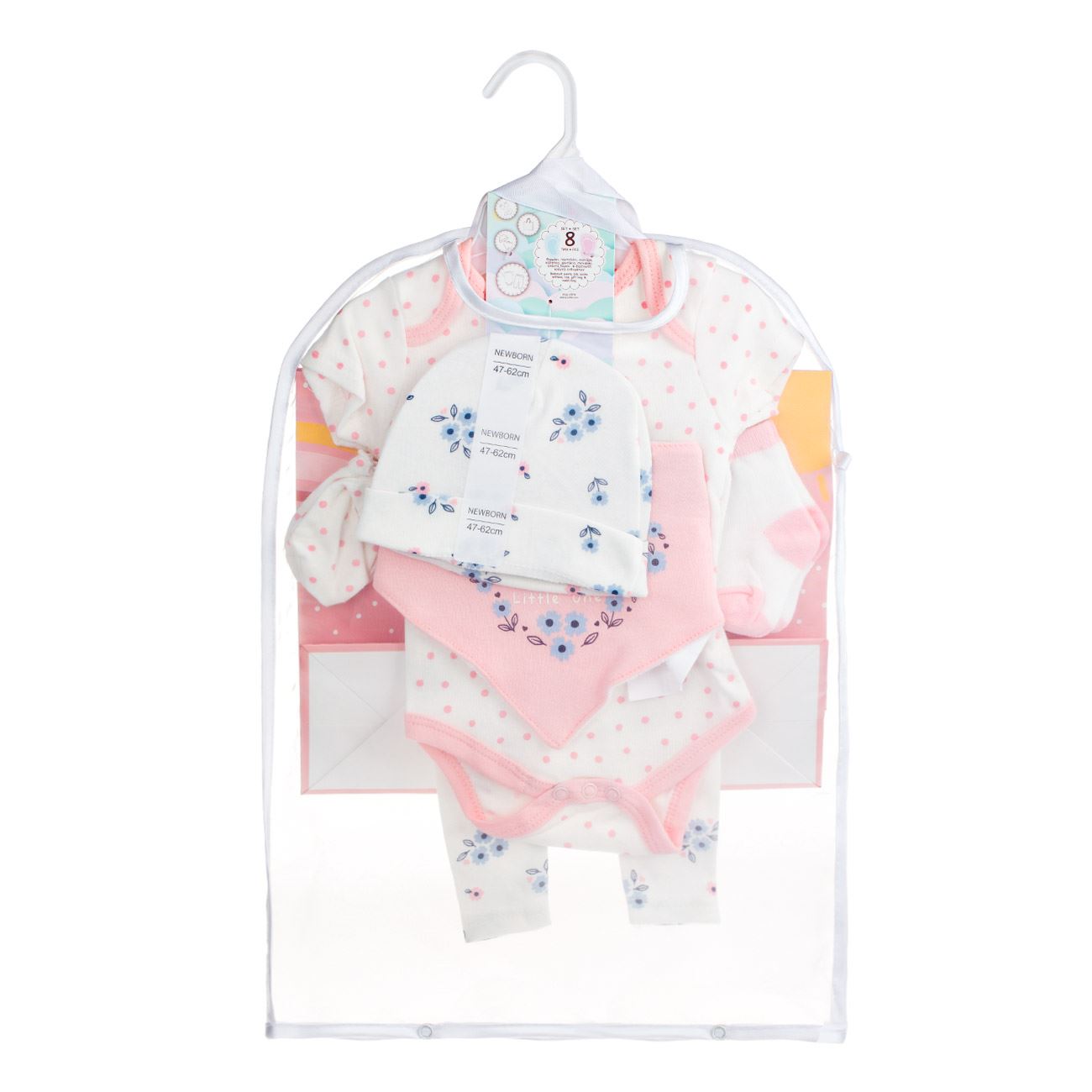 Set Cadou din Bumbac Alb Roz cu Buline Flori pentru Nou Nascut - 8 piese