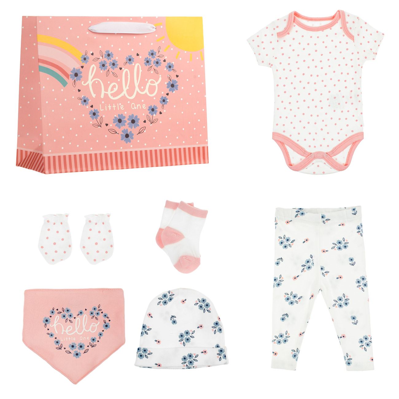 Set Cadou din Bumbac Alb Roz cu Buline Flori pentru Nou Nascut - 8 piese - poza 2