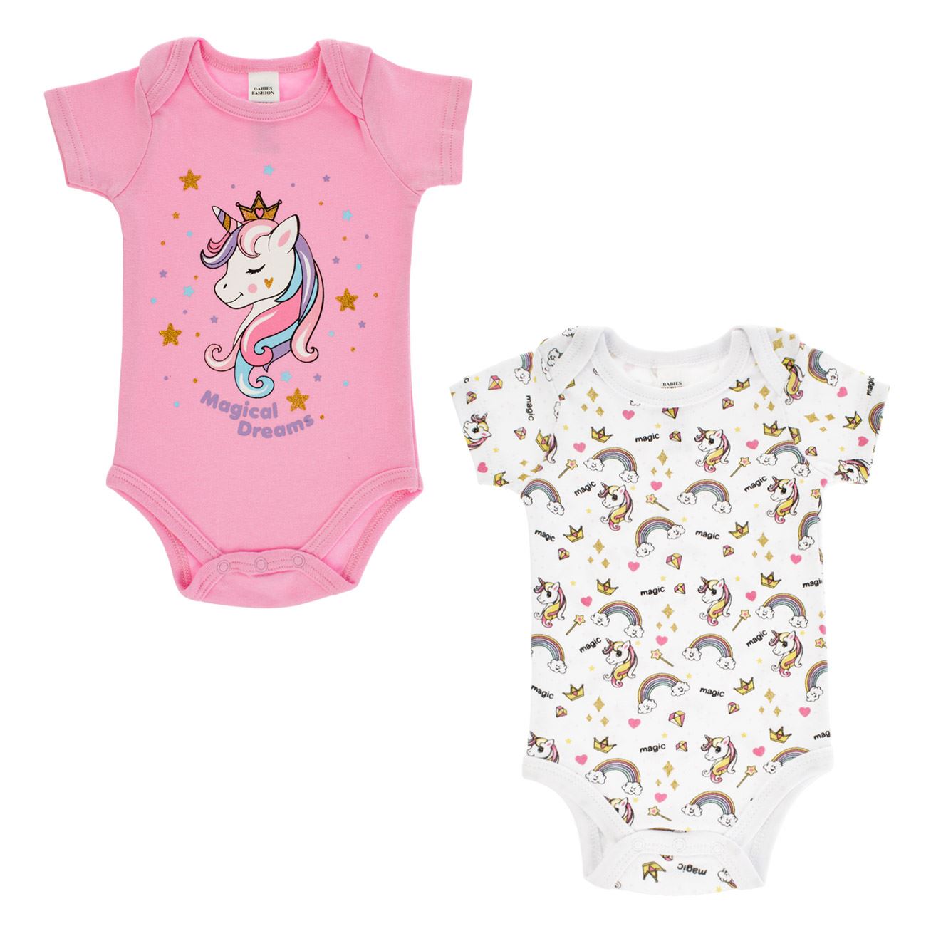Body din Bumbac Roz Unicorn Alb Unicorni Curcubeu pentru Bebelusi - 2buc