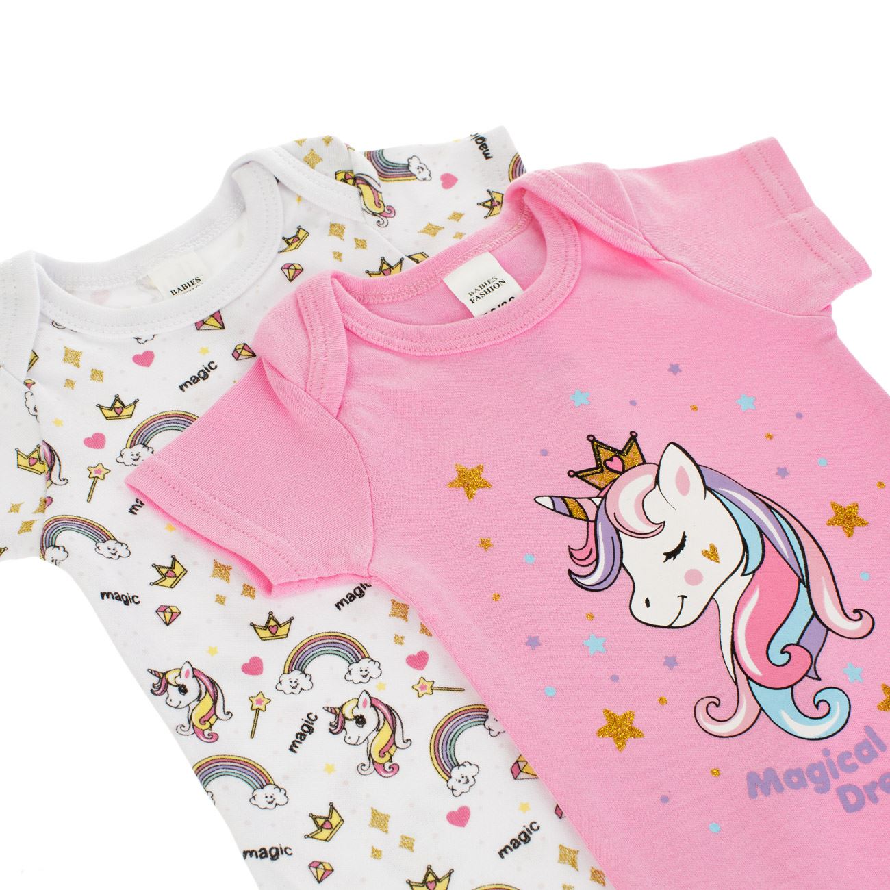 Body din Bumbac Roz Unicorn Alb Unicorni Curcubeu pentru Bebelusi - 2buc - poza 2