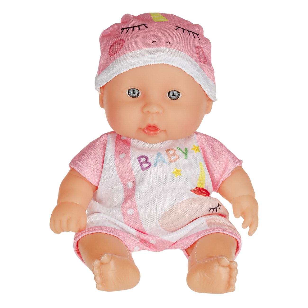 Papusa Bebelus cu Salopeta Roz Alba Unicorn 22cm