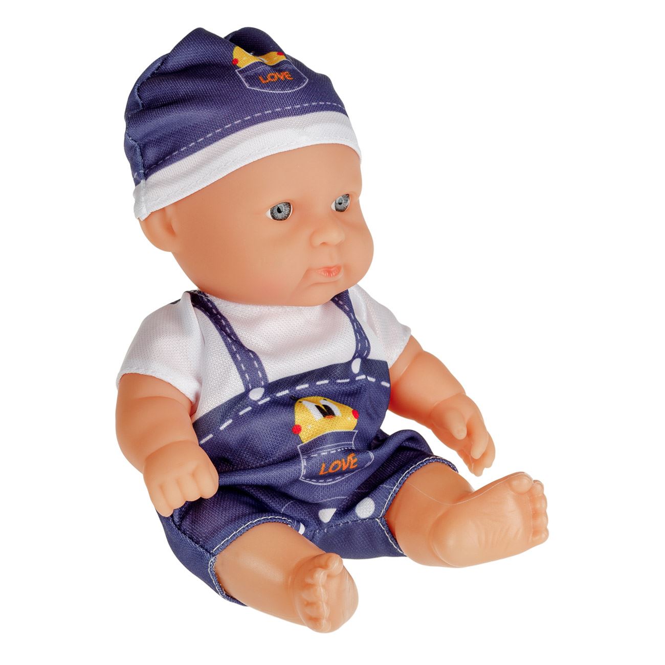 Papusa Bebelus cu Salopeta Alba Albastra Love Ratusca Palarie 22cm - poza 2