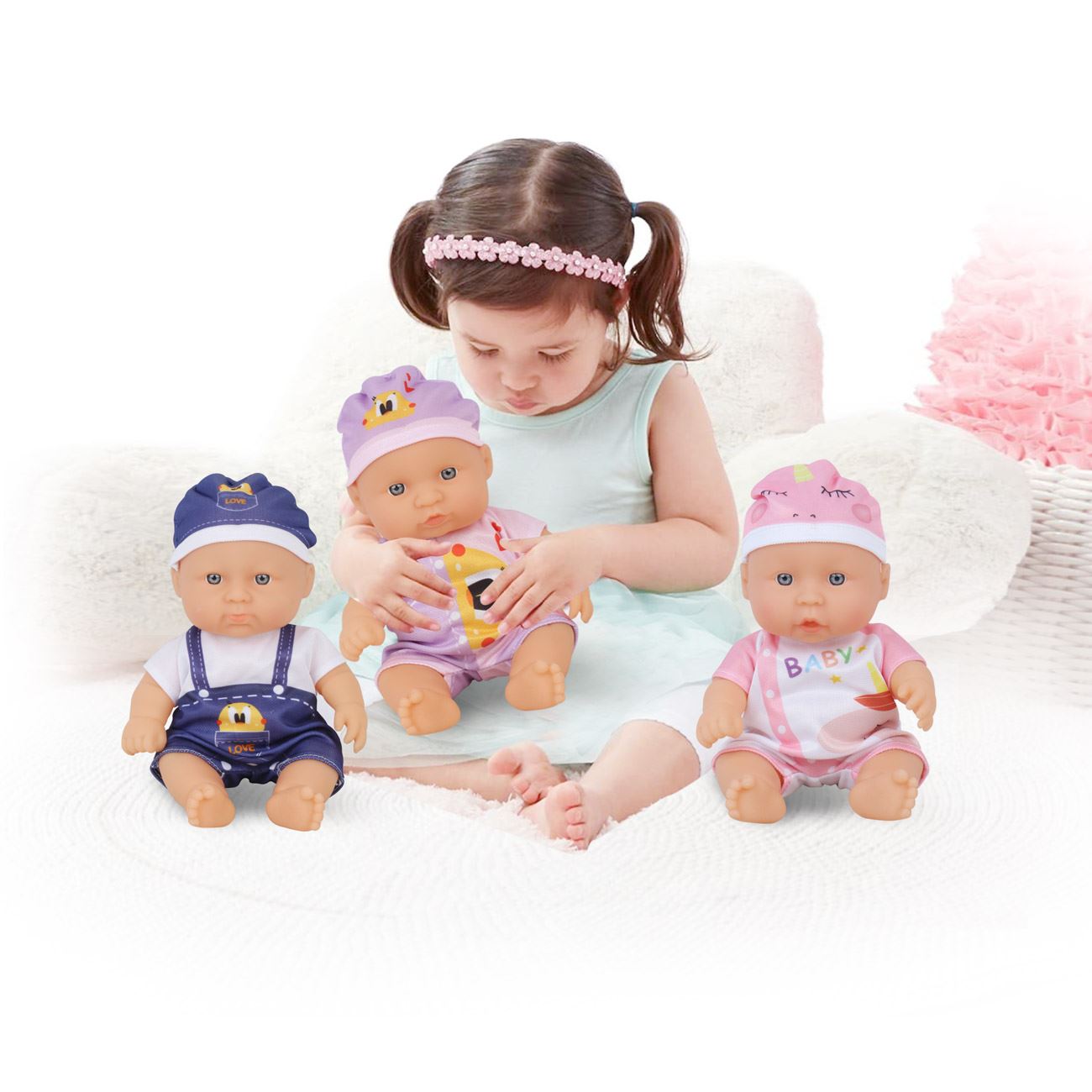 Papusa Bebelus cu Salopeta Alba Albastra Love Ratusca Palarie 22cm - poza 3