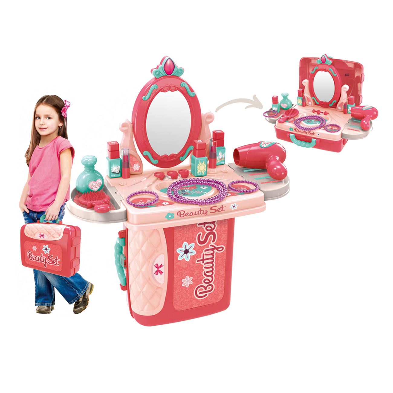 Valiza Cutie Bijuterii Roz Verde cu Oglinda & Accesorii 26x10x20cm - 14 piese - poza 3