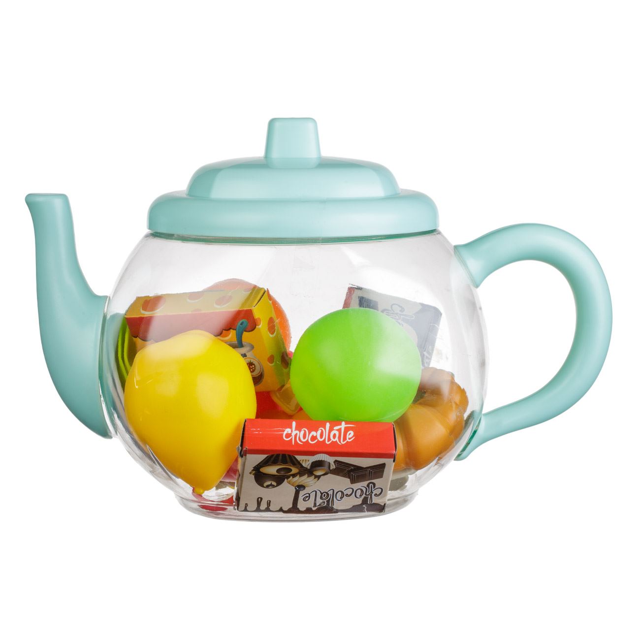 Set de Joaca Ceainic Transparent Verde Menta cu Prajituri Fructe & Accesorii pentru Copii 31x26x20cm - 23 piese