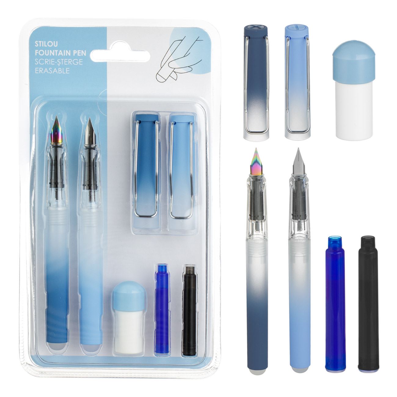 Set Stilouri Bleu cu Cerneala Termosensibila Albastra Neagra & Dispozitiv de Curatat Penita