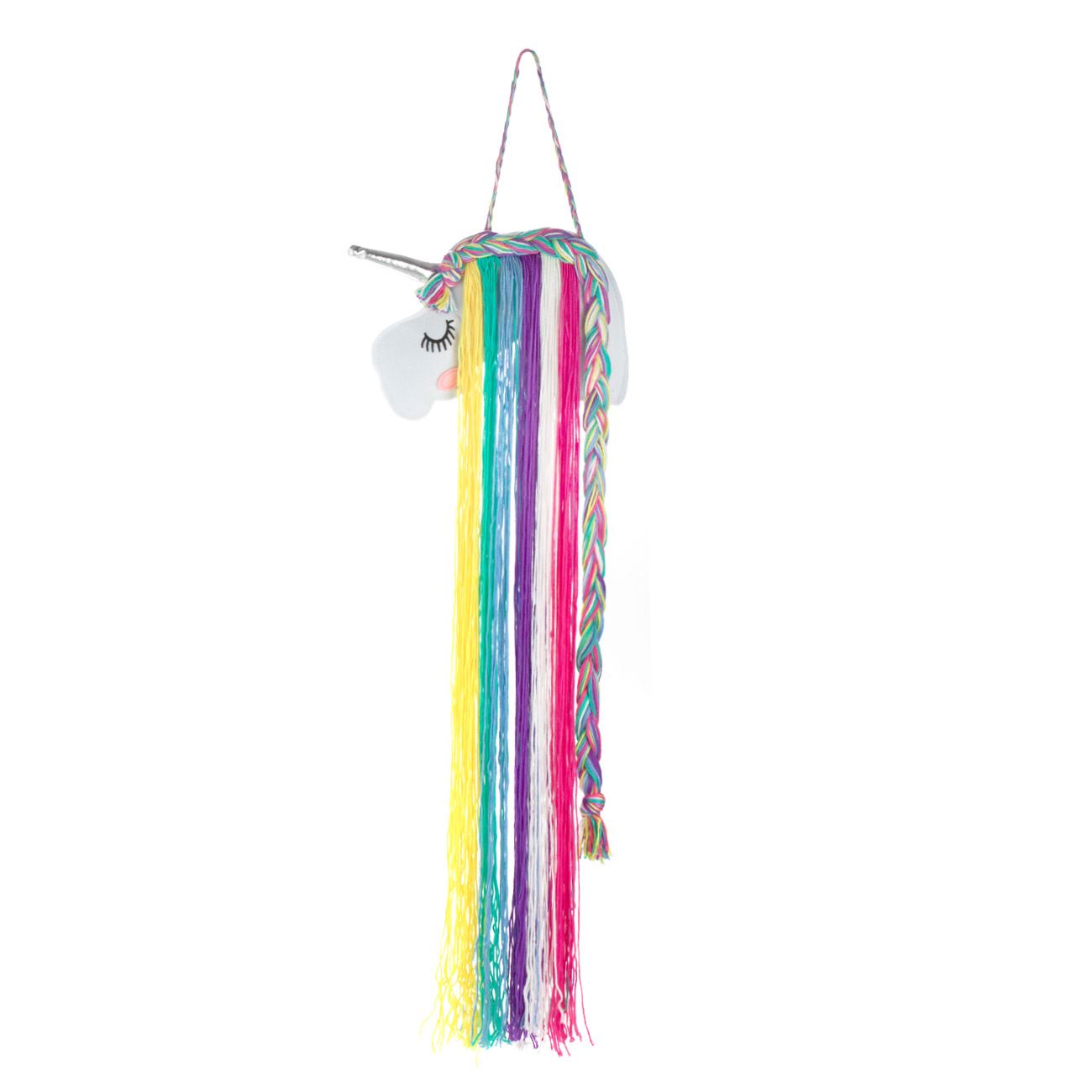 Decoratiune de Perete Unicorn Suspendabil din Pasla cu Coama Colorata & Corn Argintiu 80cm