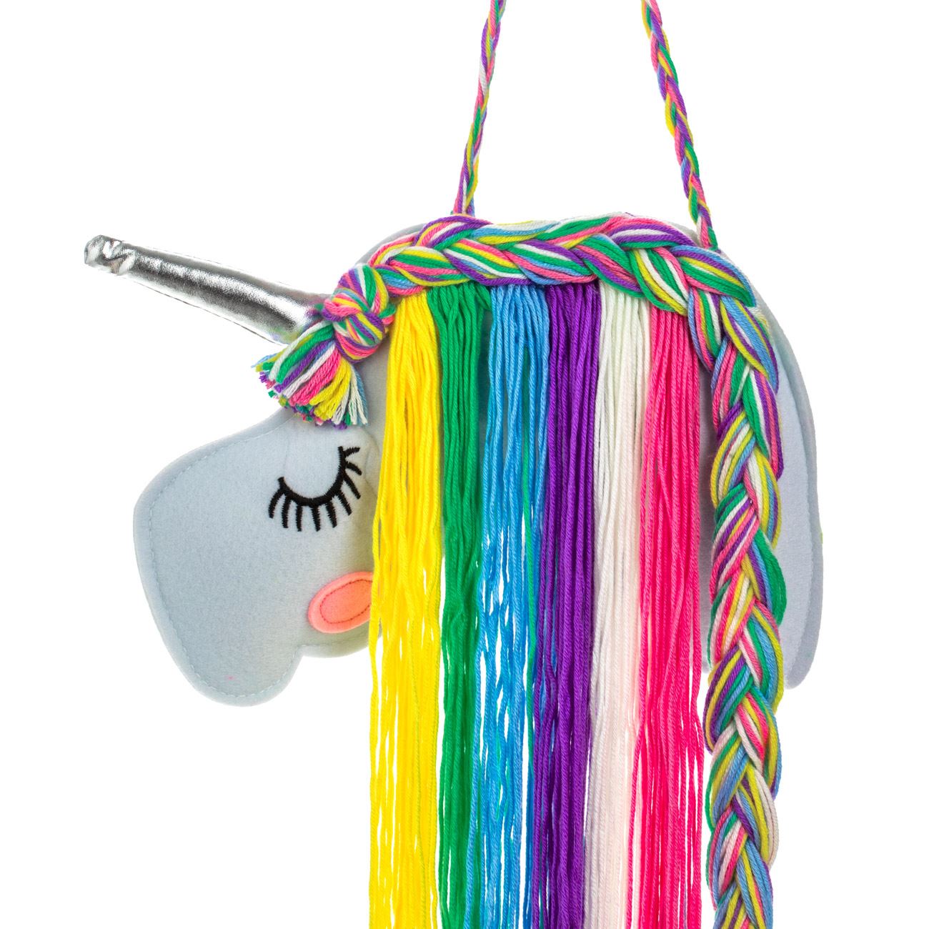 Decoratiune de Perete Unicorn Suspendabil din Pasla cu Coama Colorata & Corn Argintiu 80cm - poza 2