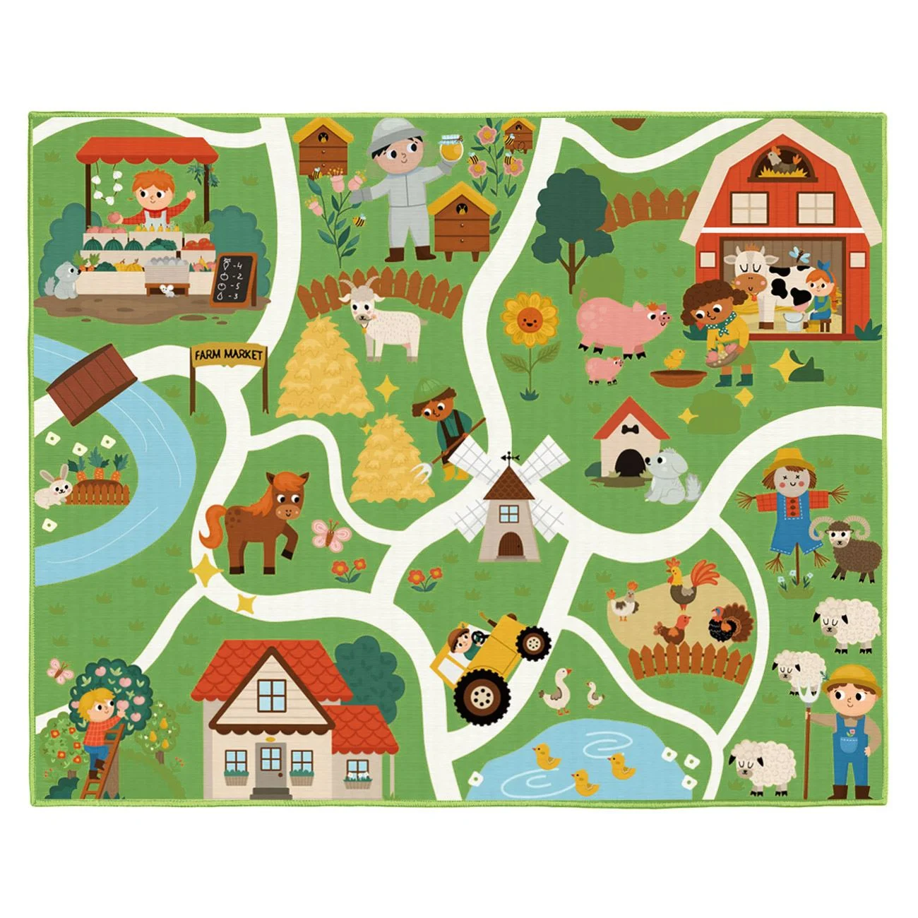 Covoras Decorativ Dreptunghiular Verde Alee cu Ferma 160x130cm