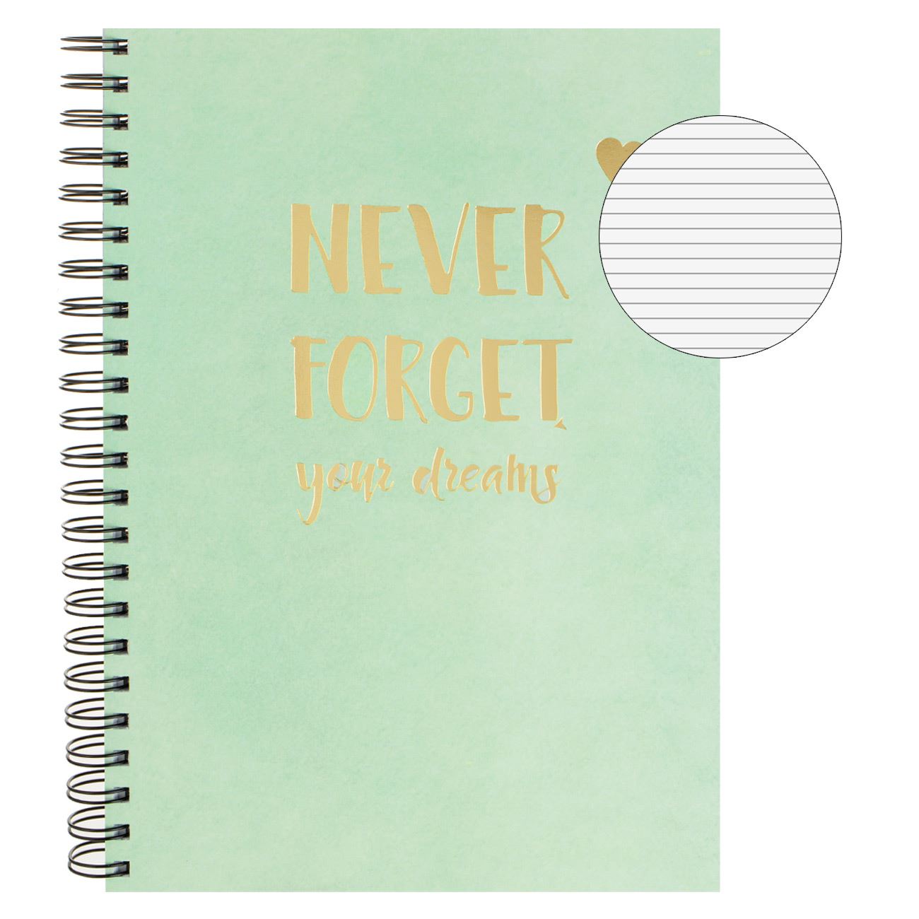 Caiet A4 Dictando Verde Menta Mesaj din Folie Aurie "Never Forget Your Dreams" cu Spirala & 4 Subiecte - 128F