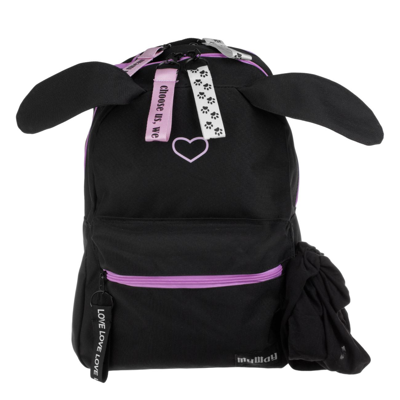 Ghiozdan Negru cu Urechi de Iepure Inima Lila 5 Breloc & Bandana Neagra - My Way - poza 2