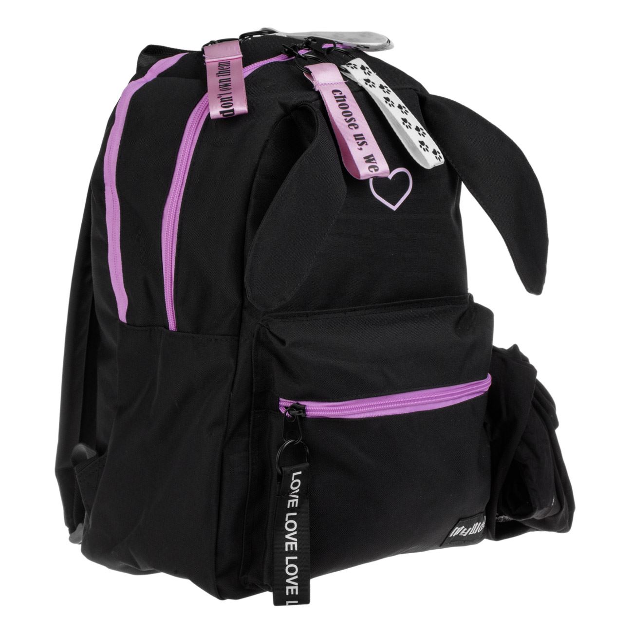 Ghiozdan Negru cu Urechi de Iepure Inima Lila 5 Breloc & Bandana Neagra - My Way - poza 3