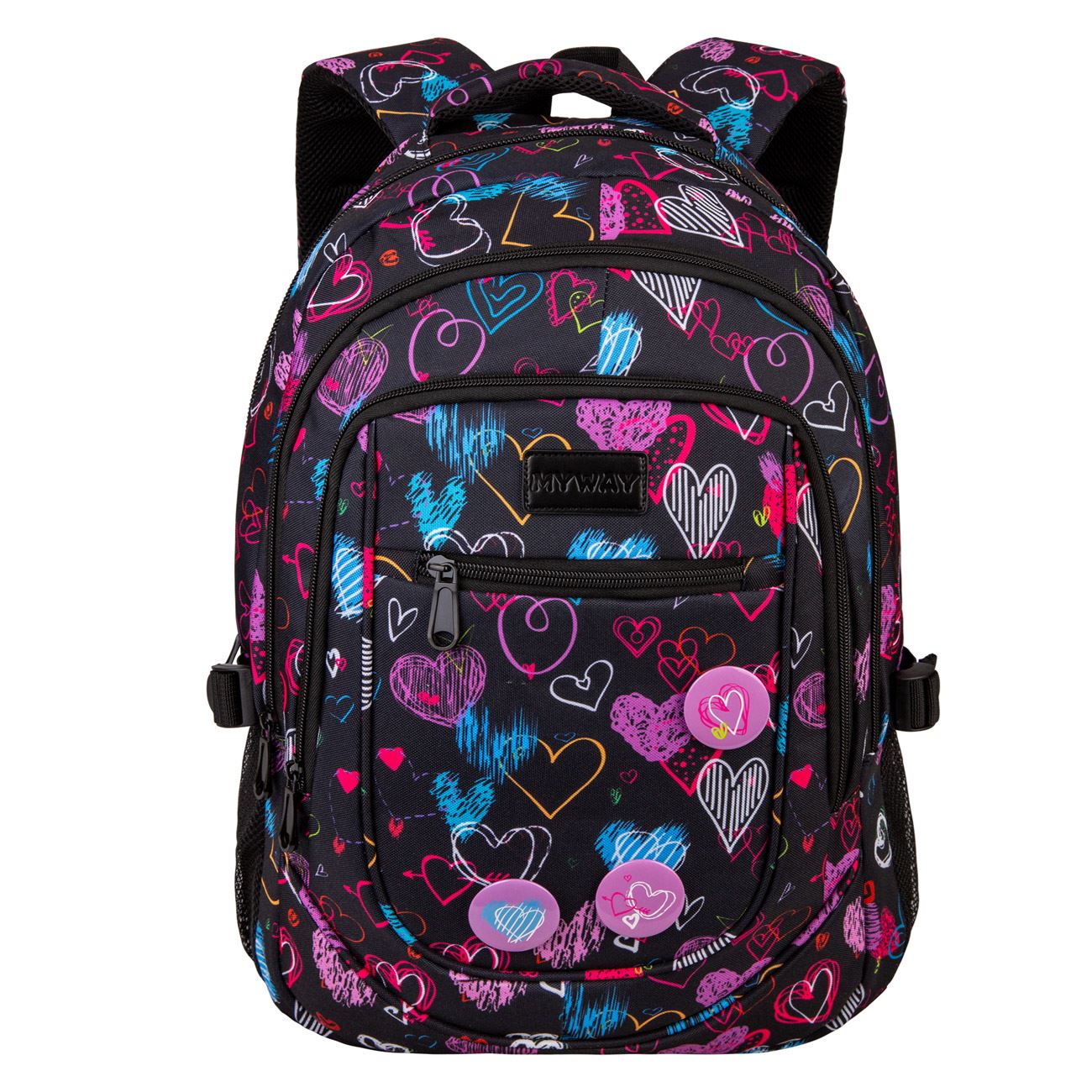 Ghiozdan Negru cu Inimi Colorate & 3 Insigne - My Way