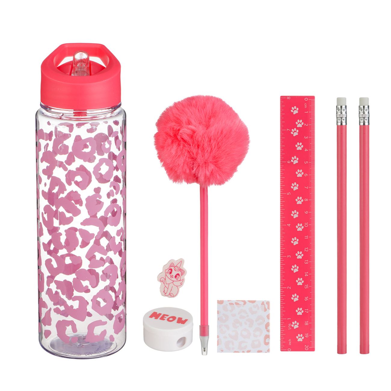 Set Scoala cu Sticla de Apa Flip Top & Accesorii Roz - 8 piese