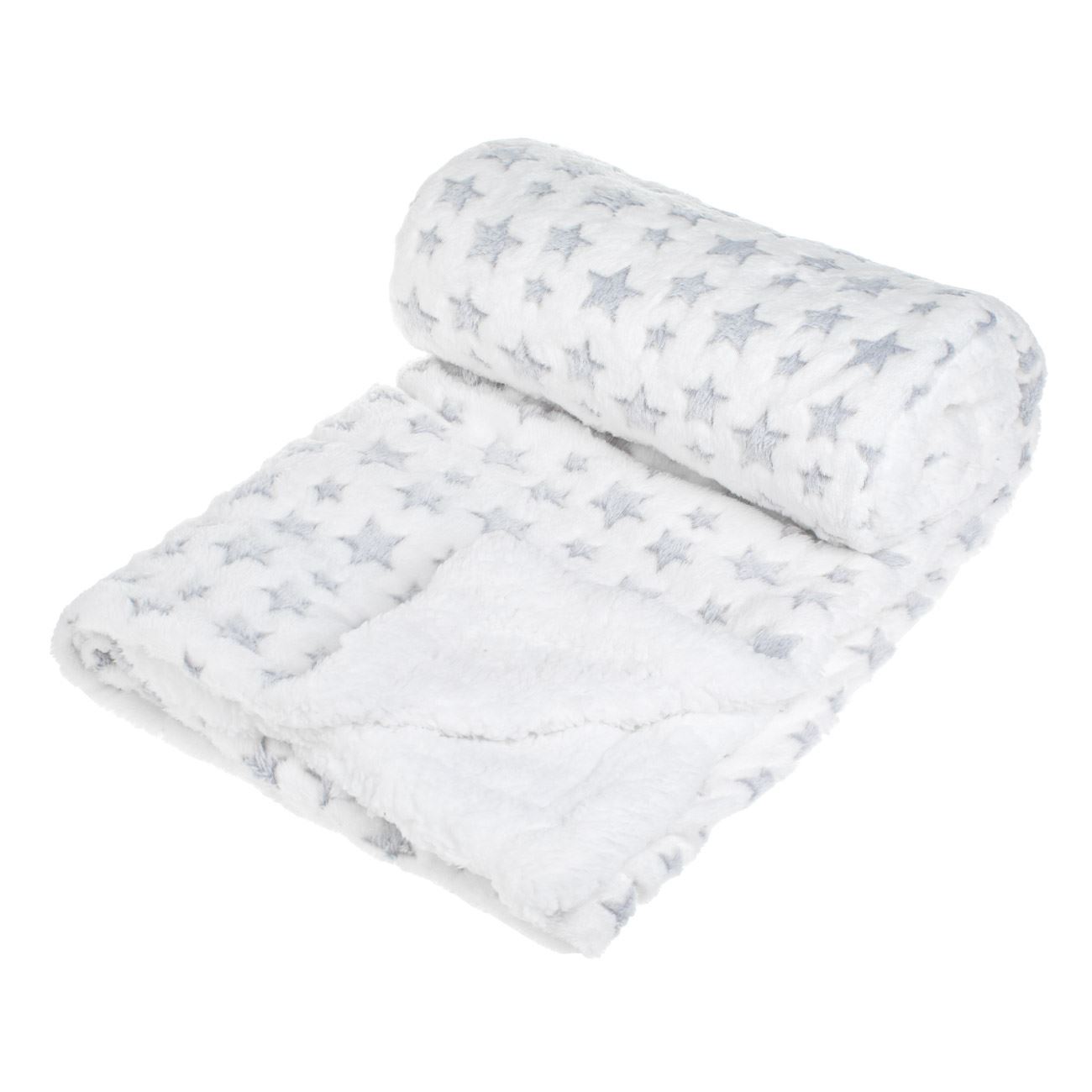Patura Alba din Imitatie de Blana Sherpa Alba cu Stele Gri pentru Bebelusi 140x110cm - poza 2