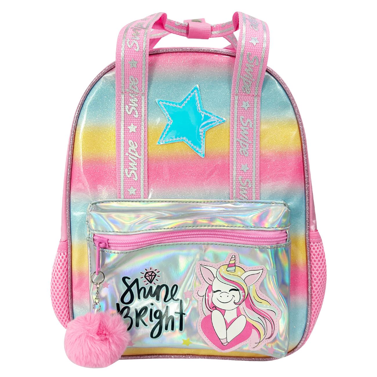 Ghiozdan Gradinita Roz cu Glitter Colorat Breloc Pompon Unicorn