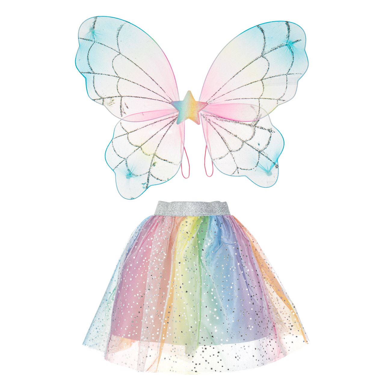 Set Deghizare cu Fusta Tutu Rainbow Stele Argintii & Aripi Rainbow cu Stea Argintie Glitter - 2buc